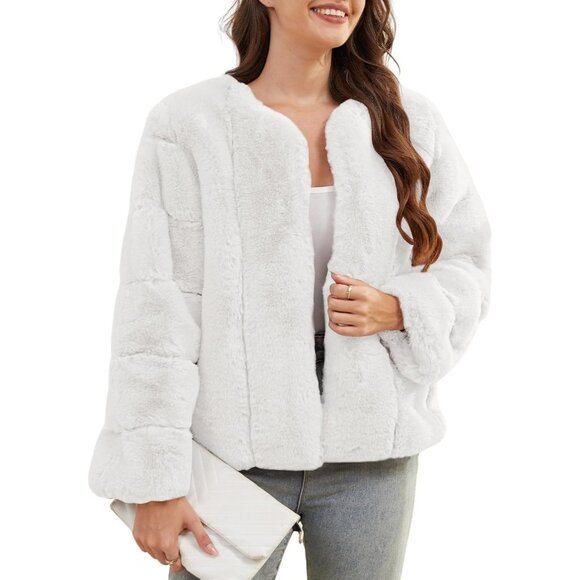 Women's Faux Fur Coat Long Sleeves Open Front Warm Winter Cropped Jacket White - Picture 1 of 6